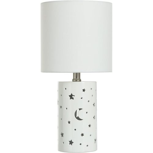 17" Ceramic Nightstand Lamp with Cutout Stars & Moon, White Bedside Table Lamp with Fabric Shade and Built-in Nightlight for Kids Room, Bedroom, or Nursery