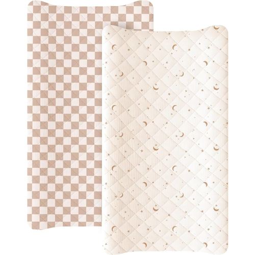 Konssy Waterproof Muslin Changing Pad Cover 2 Pack, Quilted Cotton Fitted Diaper Changing Table Cover, Soft Changing Pad Sheets for Girls Boys (Coffee Check,Moon)