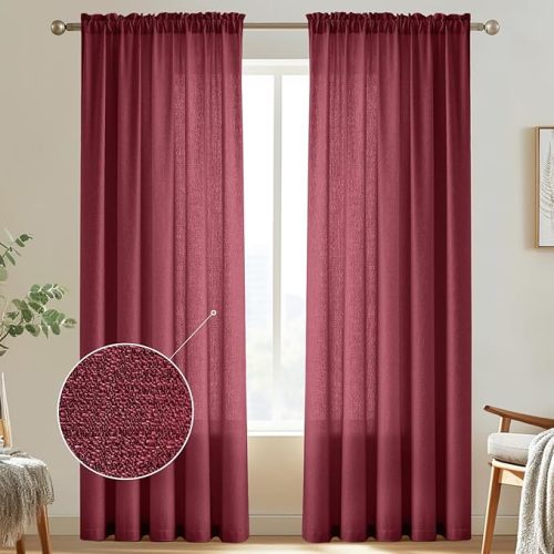 Melodieux Burgundy Semi Sheer Curtains 96 Inches Long for Living Room, Bedroom Faux Linen Texture Farmhouse Rod Pocket Shiny Sheer Curtains Drapes Light Filtering, 52" W x 96" L, 2 Panels