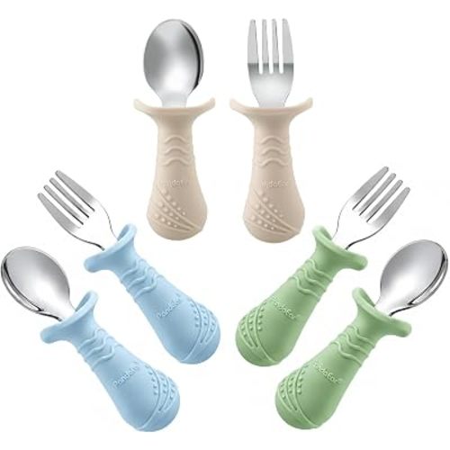 PandaEar Baby Toddler Fork and Spoon Utensil Set, 6 Pack Silicone Stainless Steel Silverware Spoon Fork for Babies Toddler, BPA Free with Silicone Holding Anti-Choke Design (Green Blue Brown)