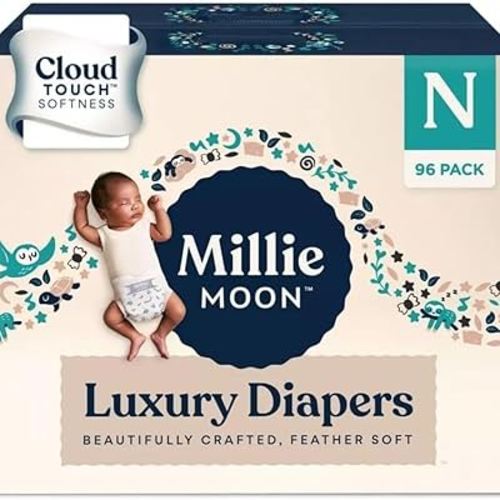 Millie Moon Luxury Diapers – Ultra Soft Cloud Touch Disposable Diapers with 12 Hour Absorbency & Wetness Indicator (N - 96ct)