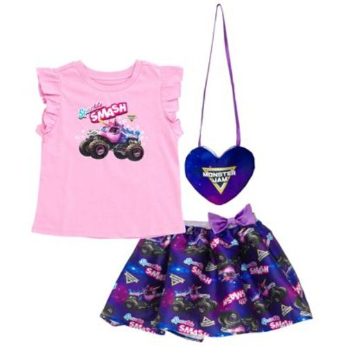Monster Jam Sparkle Smash Little Girls Tank Top, Satin Skirt and Bag 3 Piece Outfit Set Pink / Purple 5