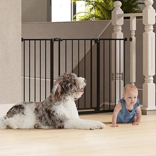 InnoTruth 29.5–49.75" Extra Wide Baby Gate for Stairs, 30" Tall Walk Through Dog Gate for Stairs & Doorways, Pressure-Mounted Safety Gate for Pets & Kids, Dual Lock & 2-Way Swing, Black