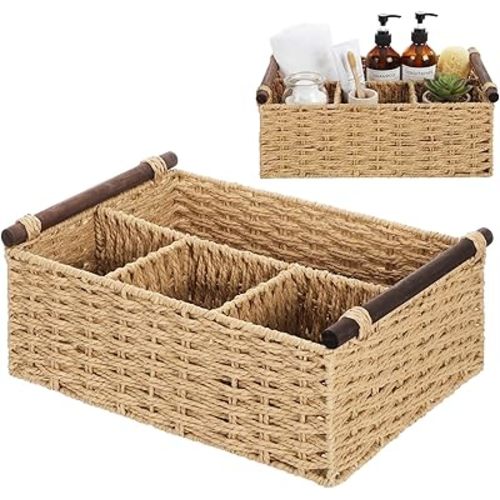 Remerry Beige Bathroom Countertop Organizer Caddy, Wicker-Like Divided Basket with Handle and Metal Frame, 4 Compartment, Paper Rope Storage Organizer for Vanity Kitchen (10.24 x 7.87 x 3.94 in)