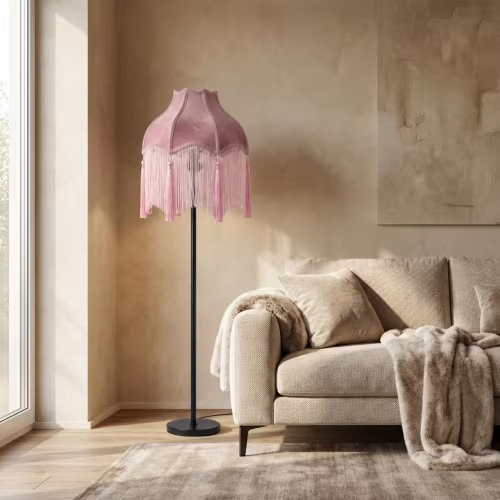 Pink Velvet Lampshade With Fringe, Boho Lampshade, Tassel Lamp Shade, Vintage Floor Table Pendant Shade, Bedroom Lighting Decor