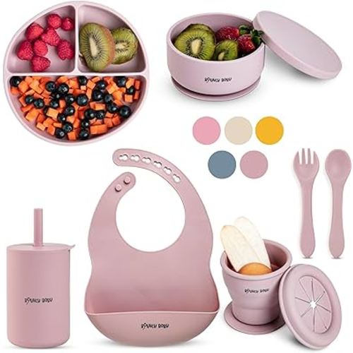 Silicone Baby Feeding Set, 8 PCS Baby Led Weaning Supplies with Baby Plates and Utensils Set, Baby Spoon and Fork, Adjustable Bib, Baby Silicone Feeding Set (Mauve)