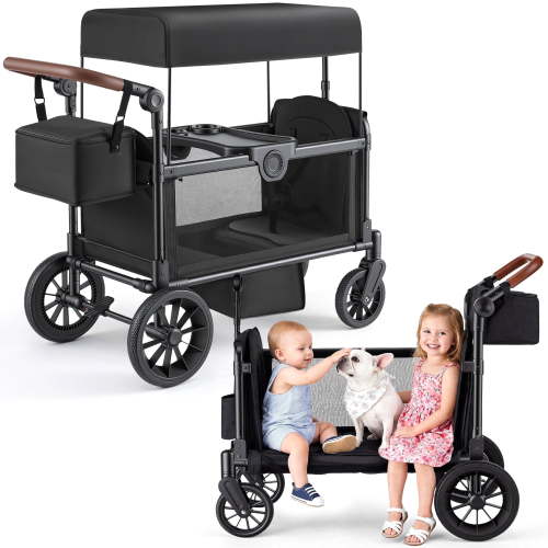HARPPA Foldable Wagon Stroller for 2 Kids, Kids Wagon with Canopy, 5-Point Harness, Bench Seat, Black