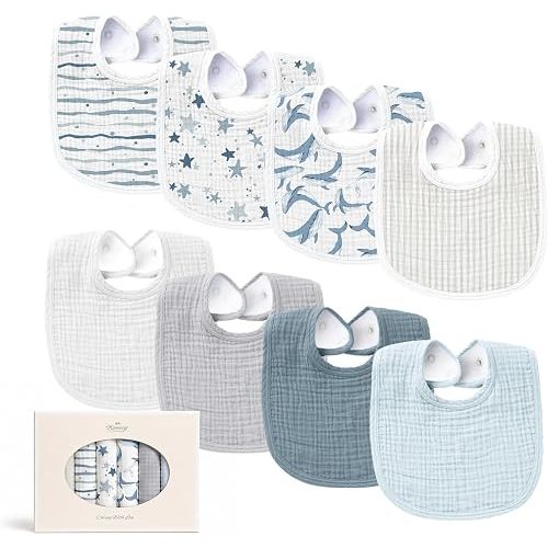 Konssy 8-Pack Muslin Baby Bibs, Adjustable Fit for Drooling and Teething
