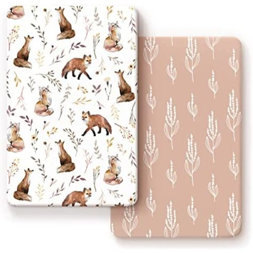 Stretchy Ultra Soft Jersey Knit Fitted Pack n Play Sheets Set 2 Pack，Fits Portable/Mini Crib, Playards Mattress Pads Safe and Snug, Pretty Fox for Baby Girls