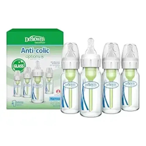 Dr. Brown's Anti-Colic Options+ Narrow Glass Baby Bottle with Level 1 Slow Flow Nipple, BPA-Free, 4 oz/120mL, 4-Pack