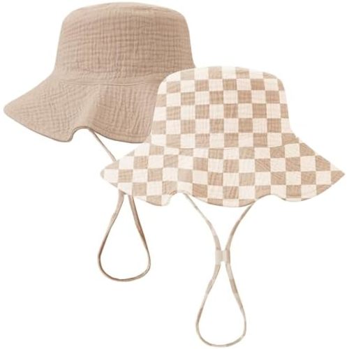 Konssy 2 Pack Muslin Baby Sun Hat UPF 50+ Sun Protection Baby Bucket Hat Summer Beach Hats with Wide Brim for Boys & Girls