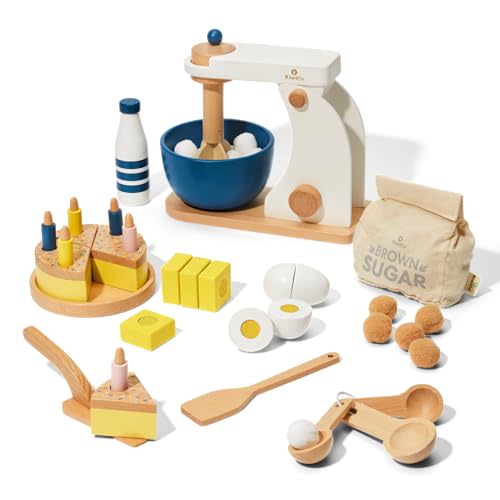KiwiCo Bake-a-Cake Stand Mixer: Kids Baking Set Ages 3+ | Learn Early Math with Wooden Kitchen Play Set | Includes Cake, Stand Mixer, Measuring Spoons, Flour, Sugar, Play Mat, and Recipe Cards