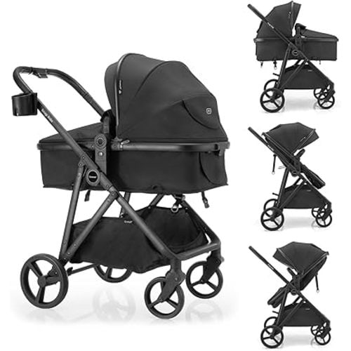 Gromast 3-in-1 Baby Stroller, Convertible Stroller for Newborn Infant Toddler with Reversible Seat, UPF 50+ Canopy & Cup Holder - Black