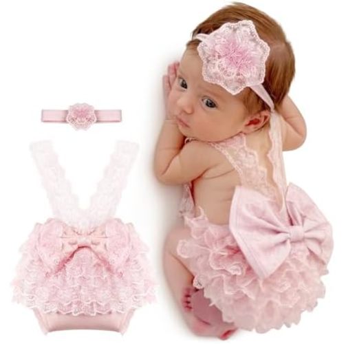 ForBaysy Newborn Photography Props Newborn Lace Romper Set with Matching Headband – Infant Baby Girl Outfit for Photoshoot