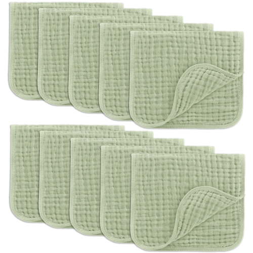 Comfy Cubs Muslin Burp Cloths - Large 100% Cotton Washcloths, 6 Layers (Sage, 10-Pack, 20"X10")