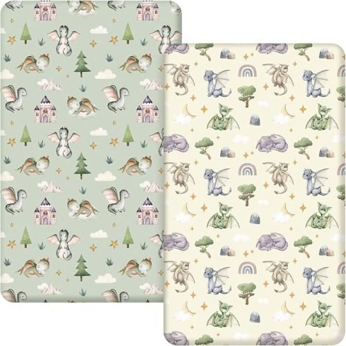2 Pcs 24 in x 38 in Watercolor Dragon Infant Crib Sheets Set Mini Portable Crib Sheet Newborn Bedding Nursery Baby Sheets for Girl Boys Baby Gifts Breathable Only for Pack and Play