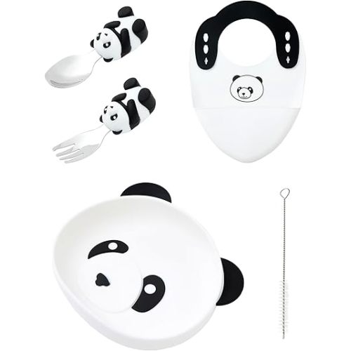 5-Piece Silicone Baby Feeding Set – Baby Plates with Strong Suction, Toddler Plates Set, Unbreakable Food-Grade Silicone Divided Plate with Spoon, Fork, Bib & Straw Brush
