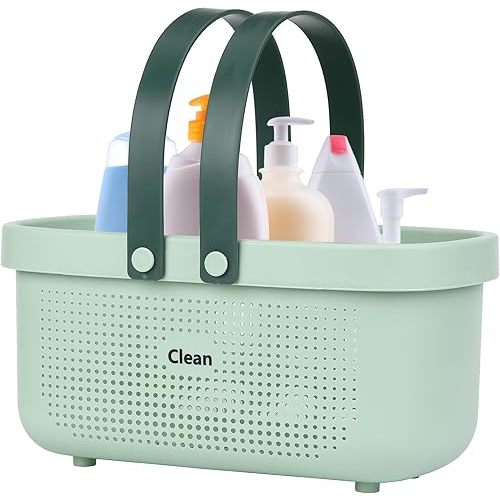 LAIGOO Green Shower Caddy Basket Plastic Storage Basket with Handles Storage Bins Shower Storage Organizer for Bathroom, College Dorm, Kitchen, Bedroom, Gym