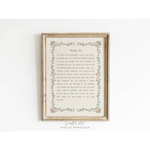 Psalm 23, The Lord is my Shepherd, Pink Floral Bible Verse Print, Girls Nursery Decor, Digital Download