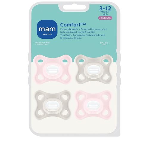 MAM Comfort Baby Pacifiers 3-12 Months Babies, Lightweight One-Piece Full Silicone Binky, BPA-Free Nipple, Easy to Clean Pacifier, Best for Breastfed Babies, 4 Count, Sterilizer Case, Made in Europe