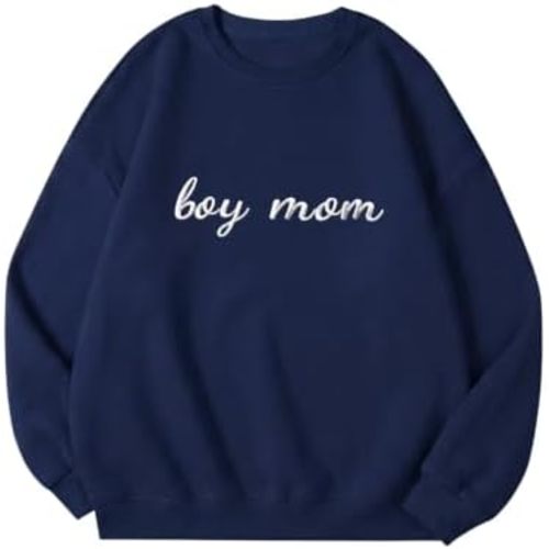 Boy Mom Embroidered Sweatshirt Mama Sweatshirts for Women Mama Life Casual Crewneck Hoodies Oversized Pullover Top