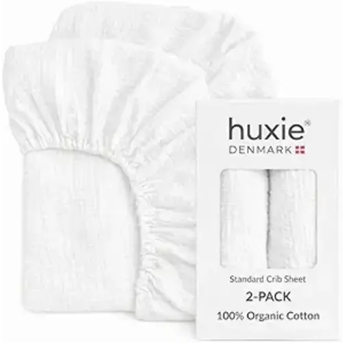 Huxie Crib Sheets – Organic Cotton Muslin Fitted Crib Sheet – Standard Size for Baby Boy and Baby Girl 28" x 52" Ultra Breathable. 2-Pack(Soft White)