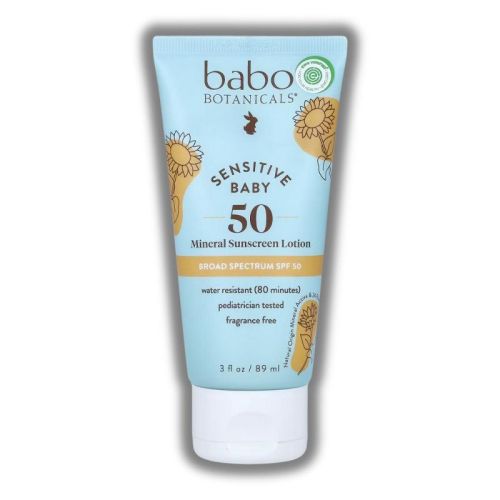 Babo Botanicals Sensitive Baby Mineral Sunscreen Lotion SPF 50 | EWG Verified - For Your Health | Pediatrician Approved (3 oz)