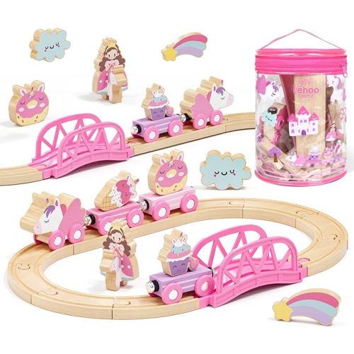 Lehoo Castle Wooden Train Set for Girls, Unicorn Train Set  Wooden Train Track with Storage Bag, Pink Train Fantasy Toys Girl Christmas Birthday Gifts
