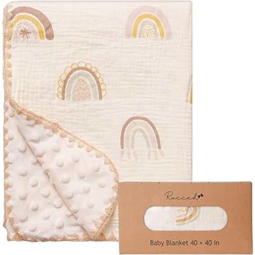 Baby Blanket with Dotted Double Layers Muslin Soft Swaddle Blanket Cotton Neutral Receiving Blankets for Toddler Baby Quilt Throw Blanket Bed Throw Blanket for Newborn Unisex 40x40 Inch-Rainbow