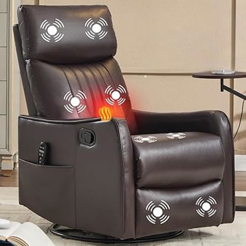 Massage Recliner Chair with Heat, Slim Recliners for for Adults, Swivel Rocking Chair Recliner with High Back, Small Recliner Chair for Small Spaces Living Room, Adjustable Footrest (Brown 2)