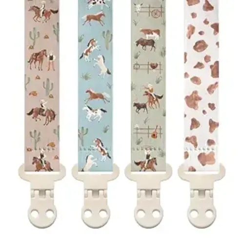 Stadela Baby Fabric Pacifier Clip Holder, Plastic Clip, 4‑Pack, Western Pattern, West Set