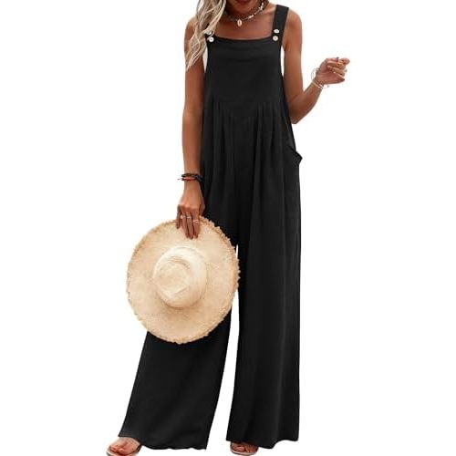 Ekouaer Women's Casual Overalls Loose Wide Leg Jumpsuits Summer Boho Floral Printed Baggy Rompers with Pockets