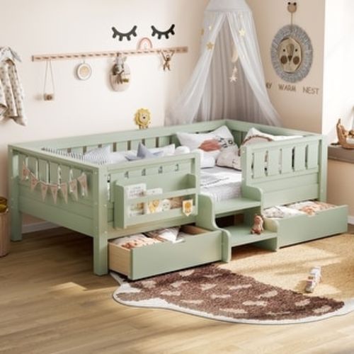 Wood Montessori Beds Built-in Bookshelves Kids Platform Daybed Toddler Bed w/ Low Profile Stairs & 2 Storage Drawers