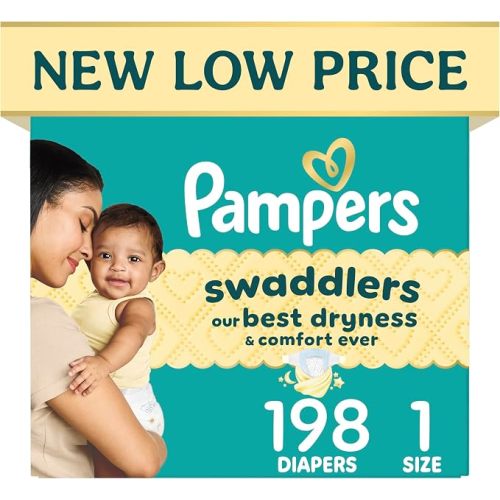 Pampers Swaddlers Diapers, Size 1 (8-14 lbs), 198 Count, Hypoallergenic, Absorbent, Keeps Baby Dry and Comfortable, Skin Safe Disposable Newborn Baby Diaper