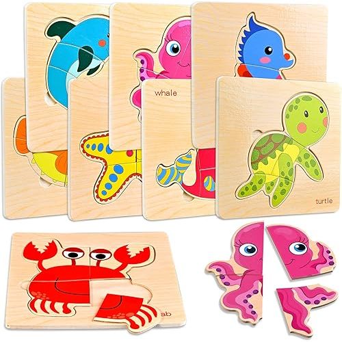 8pcs Wooden Puzzles for Toddlers 1-3, Toddler Puzzles Ages 2-4, Montessori Toys for 1-3+ Years Girl Boy, Sea Animal Puzzle for Kids, Jigsaw Puzzle Educational Toys Preschool for 1-4