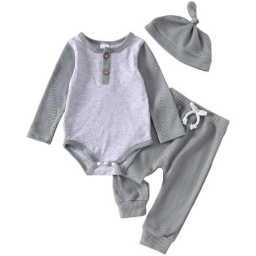 Baby Boys Girls 3PCS Waffle Knit Outfit Set, Long Sleeve Romper+Drawstring Elastic Pants+Hat for 0-24Months