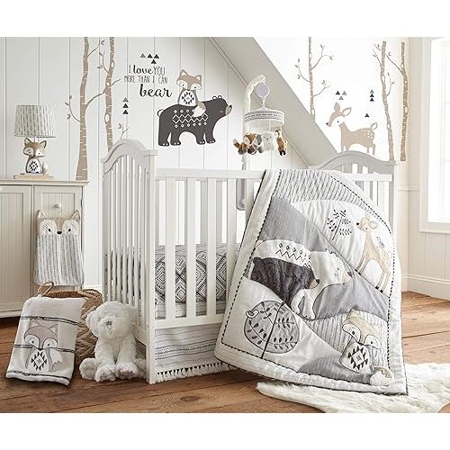 Levtex Baby - Bailey Crib Bed Set - Baby Nursery Set - Charcoal, Taupe, White - Neutral Forest Theme - 5 Piece Set Includes Quilt, Fitted Sheet, Diaper Stacker, Wall Decal & Skirt/Dust Ruffle