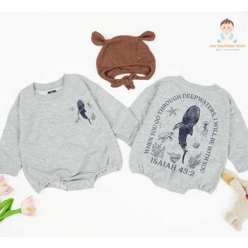 When You Pass Through Deep Waters Baby Romper, Christian Kids Shirt, Bible Verse Shirt, Faith Baby Bodysuit, Whale Ocean Toddler, Jesus Tee.