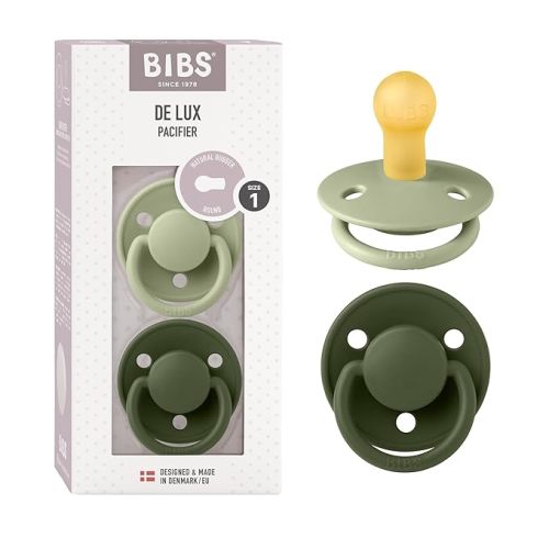 BIBS De Lux Baby Pacifier 2-Pack | Made in Denmark | BPA Free Dummy Soother, Round Nipple. Natural Rubber Latex, Size 1 (0-6 Months), Sage/Hunter Green
