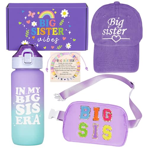 Big Sister Gifts for Girls – Purple Big Sister Gift Set with 20oz Water Bottle, Waist Bag, Baseball Cap & Bracelet, New Big Sister Gifts for Girls