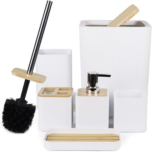 CERBIOR Bathroom Accessories Set 6 Piece Bamboo Bath Ensemble Includes Soap Dispenser, Toothbrush Holder, Toothbrush Cup, Soap Dish for Decorative Countertop and Housewarming Gift (White)