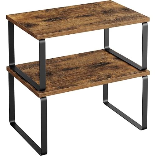 SONGMICS Cabinet Organizer Shelf, Set of 2 Kitchen Counter Shelves, Kitchen Storage, Spice Rack, Stackable, Expandable, Metal and Engineered Wood, Ink Black and Rustic Brown UKCS020X01