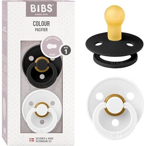 BIBS Pacifiers Colour Collection | Natural Rubber Baby Pacifier | Set of 2 BPA-Free Soothers | Made in Denmark | 0+ Months (Pack of 2) | Black/White