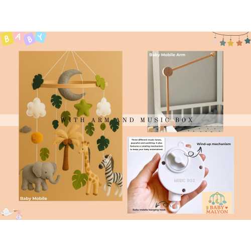 Safari Mobile with arm and music box in wood