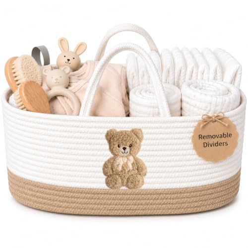 Baby Diaper Caddy Organizer, Teddy Bear Cotton Rope Nursery Basket