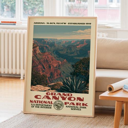 Grand Canyon National Park Vintage WPA Poster, Nature Landscape Wall Art Decor, Retro Travel Framed Canvas Print, Hiker Gift