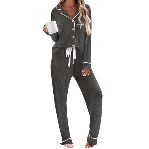 HNG Pajamas for Women Set 2 Piece Pj Set Long Sleeve Button Up Lounge Sets Sleepwear with Pockets XS-XXL