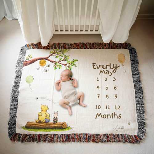 Classic Winnie The Pooh Custom Milestone Woven Blanket, Personalized Monthly Milestone Blanket, Newborn Custom Name Blanket, Baby Gift