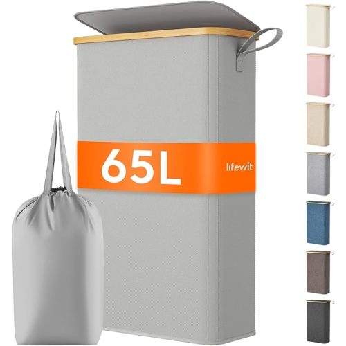 Lifewit 65L Slim Laundry Hamper with Lid, Narrow Laundry Basket with Removable Bag & Bamboo Handles, Fodable Thin Dirty Clothes Hamper for Laundry Collapsible Bin for Bathroom Bedroom Dorm, Beige