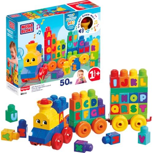 Mega Bloks First Builders ABC Musical Train Toddler Building Blocks Toy | 50 Pieces Featuring ABC Blocks, Music and Sounds, Rolling Wheelbases, Preschool Kids Ages 1+ Years, Easy to Build